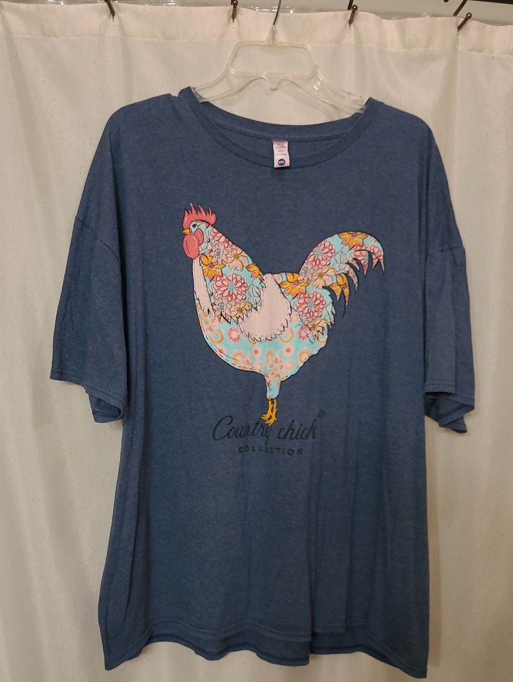 Source Unknown Blue Short Sleeve Tee with Floral Rooster Graphic